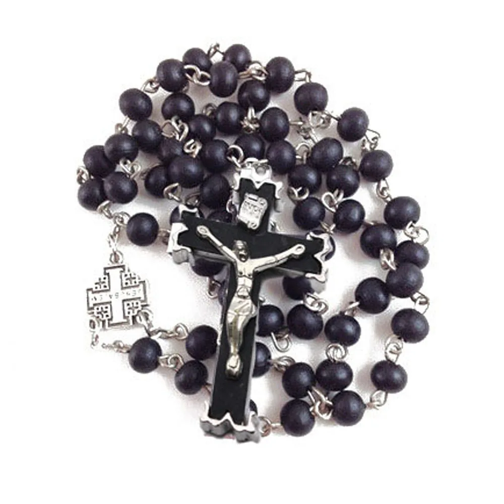 

Black Wooden Bead Cross Jewelry Necklace Rosary Christian Rosaries Religious Catholic Beads