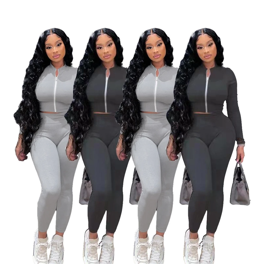 

EB-20101217 Hot Sale Crop Tops Women Skinny Two Pieces Joggers Set Sportswear Woman Bodysuits 2 Piece Leggings Set Tracksuits