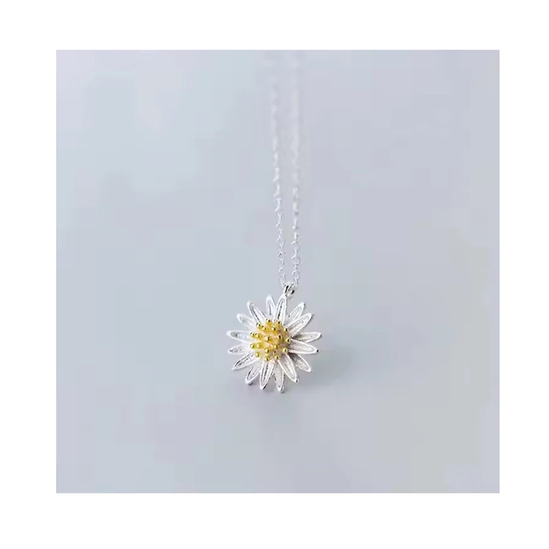 Delicate 925 Sterling Silver Blooming Yellow Daisy Flower Pendant Necklaces for Women Fine Jewelry