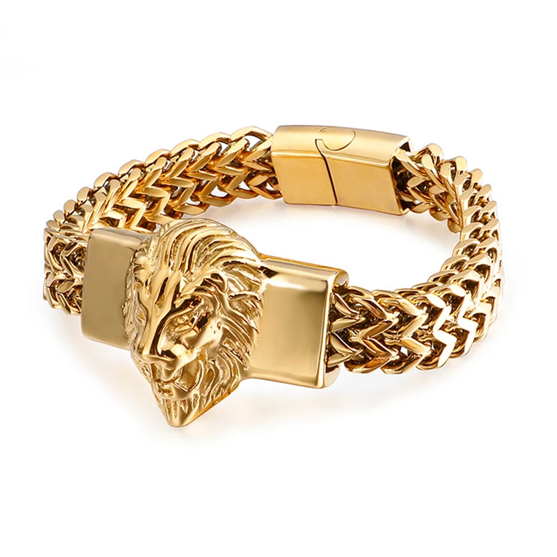

The Hottest Double Chain Lion Head Men 18k Gold Stainless Steel Heavy Chunky Franco Chain Cuban Link Bracelet