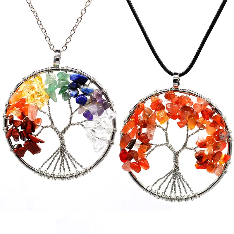 

D1609 Wholesale Women Jewelry Rhinestone Pendants 7 Chakra Quartz Natural Stone Tree of Life Pendant Necklace, 16 colors