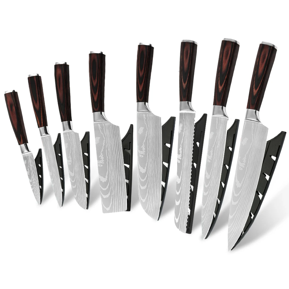 

Wholesale Professional Cooking Knives Wood Handle 8pcs High Carbon Stainless Steel Japanese Kitchen Knife Set With Knife Sheath