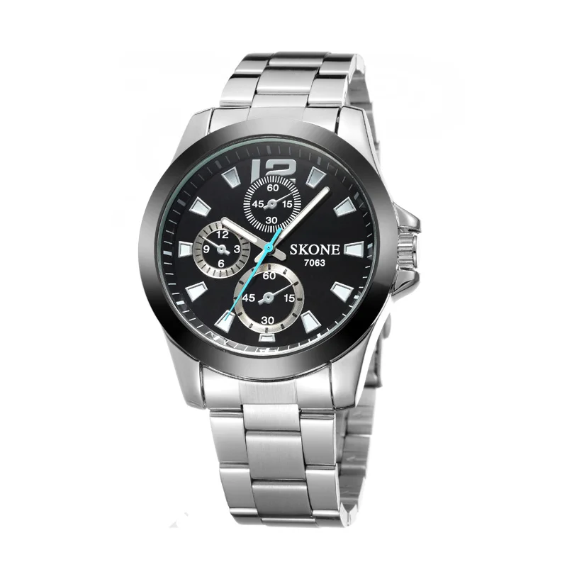 

SKONE 7063 wholesale black man quartz watch best power Stainless steel band 3 dials decoration big Leisure reloj watch