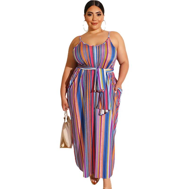 

Stock women plus size summer maxi colorful Ruffled Striped 5XL plus size dress, Black