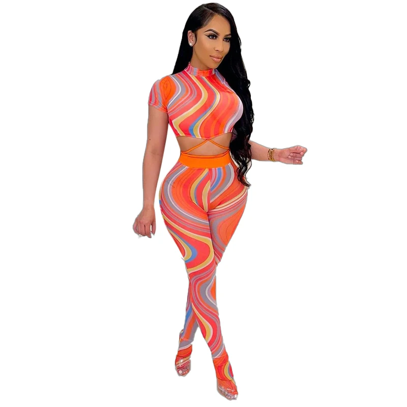 

2021 Summer Clothing Bandage Mesh Crop Top Foot Pants Party Street Tight Women Two pieces Sets