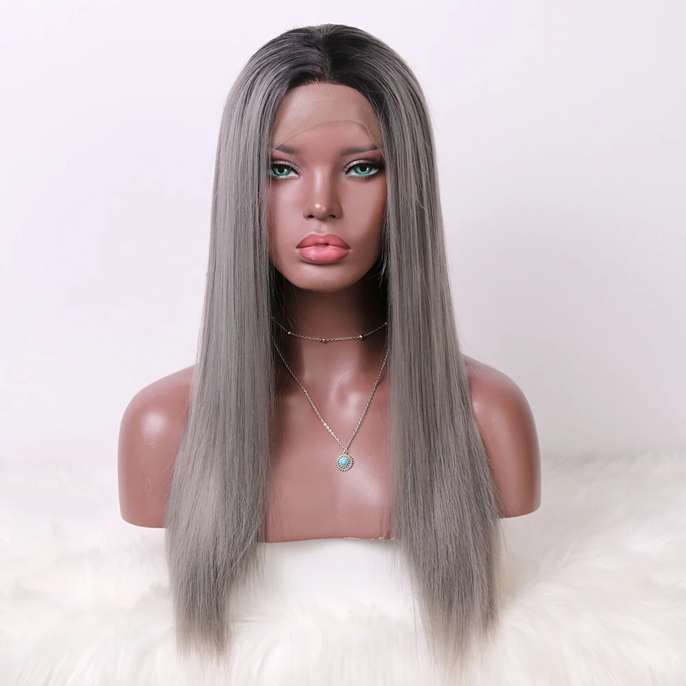 

Wholesale Black Ombre Gray Synthetic Lace Front Wig Straight Laces Frontal Fiber Hair Wigs