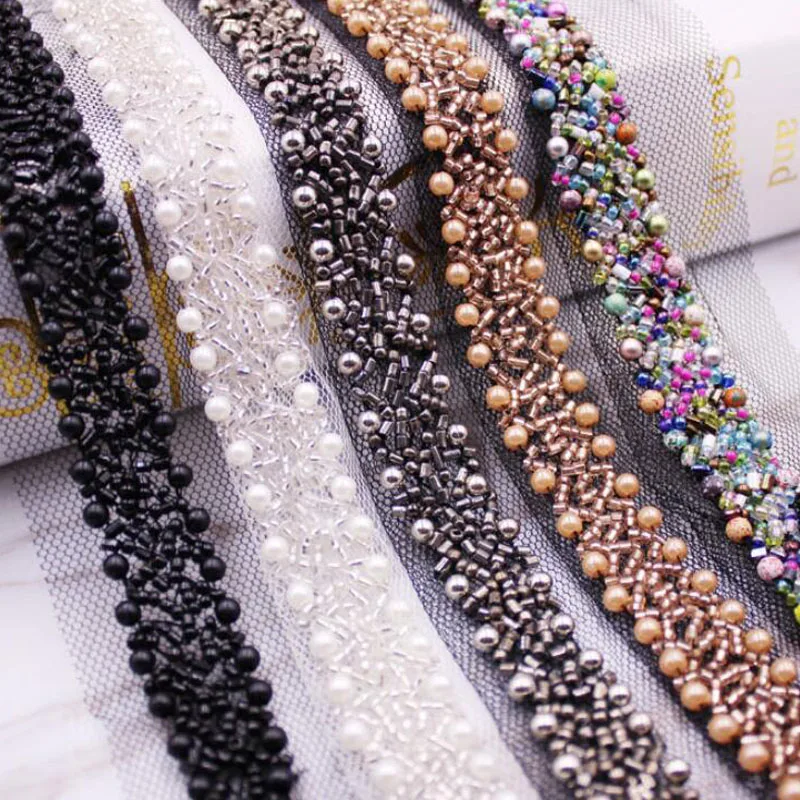 

1yard 15mm Beaded Trim Ribbons Mesh Pearl Hand Hook Net Lace Fabric Ribbon
