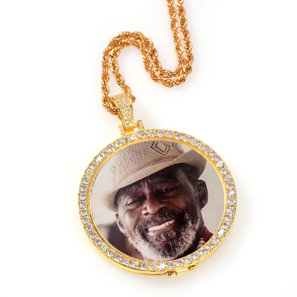 

HipHop Hot Style Custom 14k Solid Gold Diamond 50mm Round Lockets for Photo Frame Pendant Necklace, Gold/silver