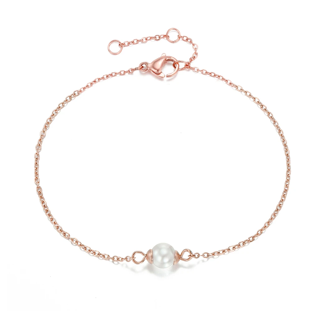 Adjustable chain rose gold plated dainty pearl bead stainless steel girls bracelets