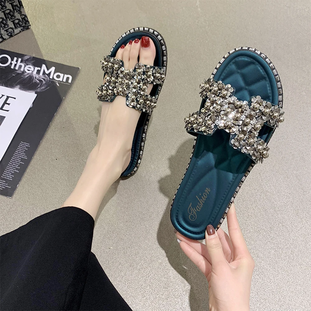 

Superstarer Trendy studded white sparkly sandals for women ladies rhinestone diamond flat women slide sandals, Silver/pink/colorful