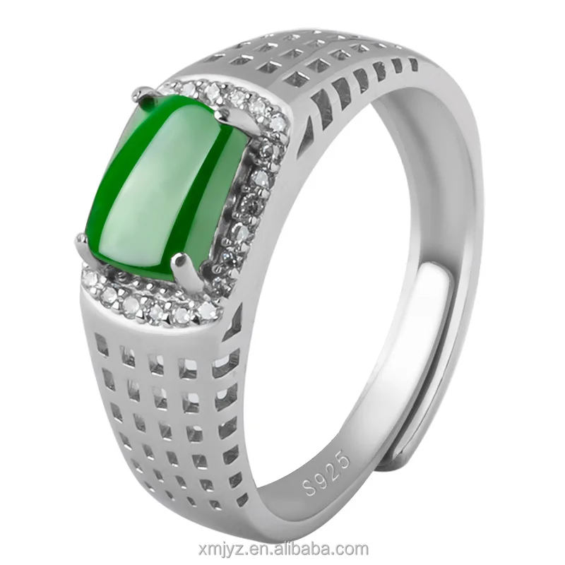 

Certified Grade A S925 Silver Natural Emerald Green Saddle Ring Ice Jade Stone Ring Fashion Ring Men's And Women's Adjustable