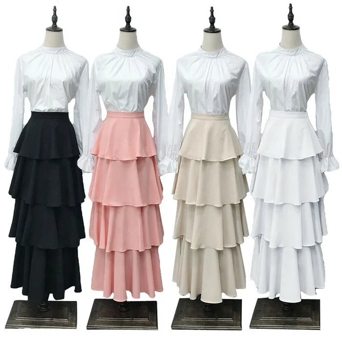 

2019 muslim women clothes high waist skirt A line long cake skirts dress, Beige, pink, black,white