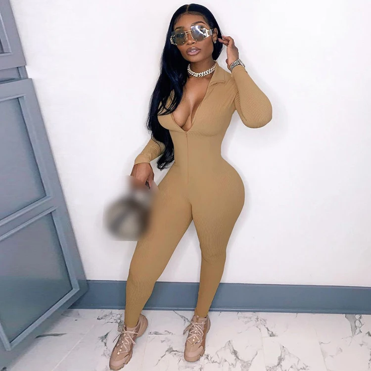 

2021 Sexy Club Wear Women Soild Skinny Stand Collar Zip Up Long Sleeve One Piece Jumpsuit With Long Pants, White,khaki,apricot