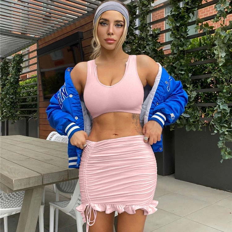 

Solid Color Sleeveless Crop Top Two Piece Skirt Set Women Two Piece Set Sexy Pleated Pink 2 Piece Set Drawstring Ruffle Outfits