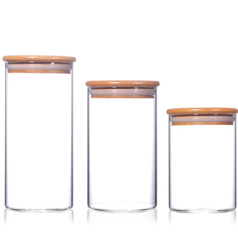 

food packaging bamboo lid high borosilicate glass containers storage jar, Transparent