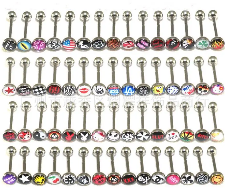 

30 different styles of dripping oil Logo Barbell Bars Body Piercing Jewelry Surgical Steel Tongue Ring, Picture