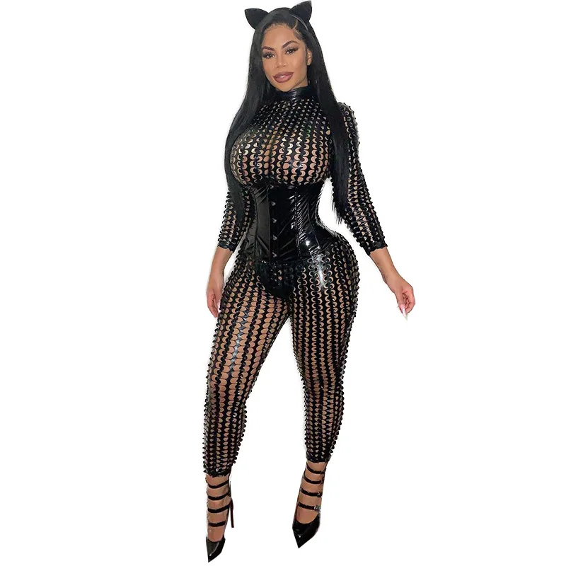 

2021 new arrivals hollow out design full length women hollow out sexy jumpsuit with waist corset