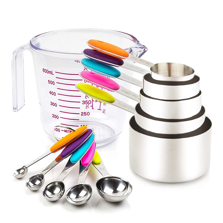 

304 Stainless Steel Measuring Cups and Spoons Set and 1 Transparent Plastic Measuring Cup, Silver