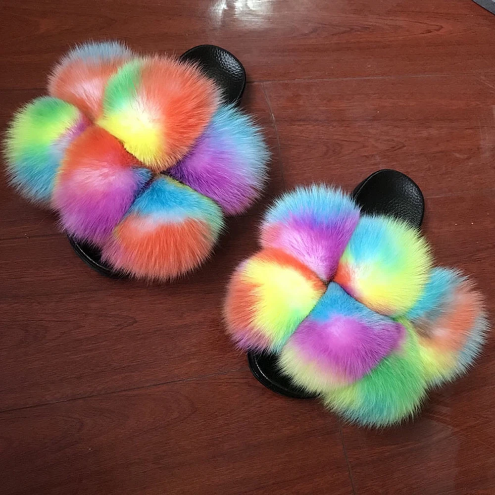 

New coming open toe fuzzy pom pom slides ladies' fur slides Ready to ship with good price, Customized color