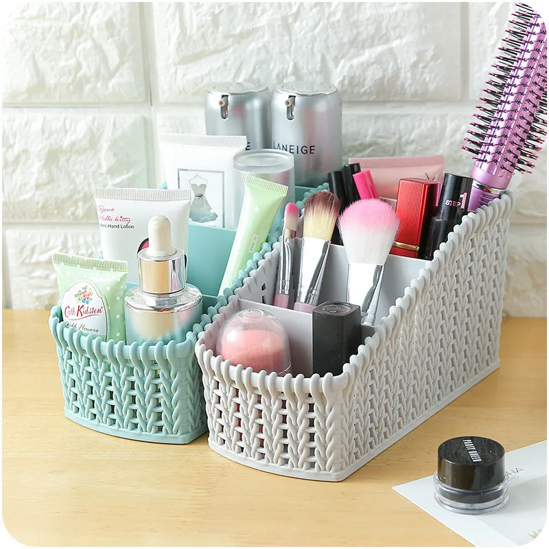 

Plastic Makeup Organizer Box Cosmetics Storage Container Imitation Rattan Baskets Desktop Sundries Makeup Boxe For Bathroom 7