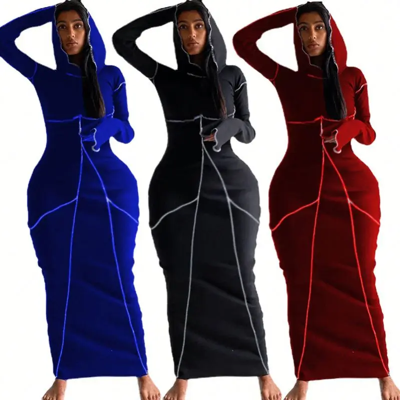 

new dress designs 2021 Casual trendy Hooded Pleated Sexy dress long sleeve maxi fall dresses for women, As picture or customized make