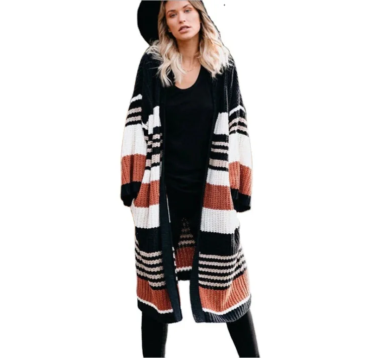 

2020 autumn and winter European and American cross-border sweater women's new Amazon plus size loose striped contrast sweater