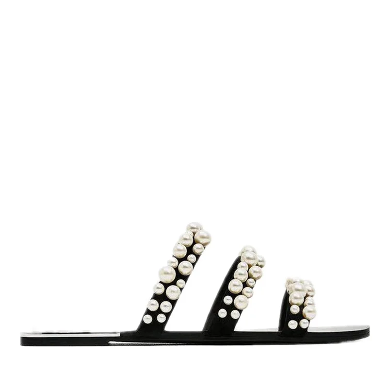 

New design summer pearl Women's flat slippers Round head Roman style Open toe shoes Slip-On beach for ladies