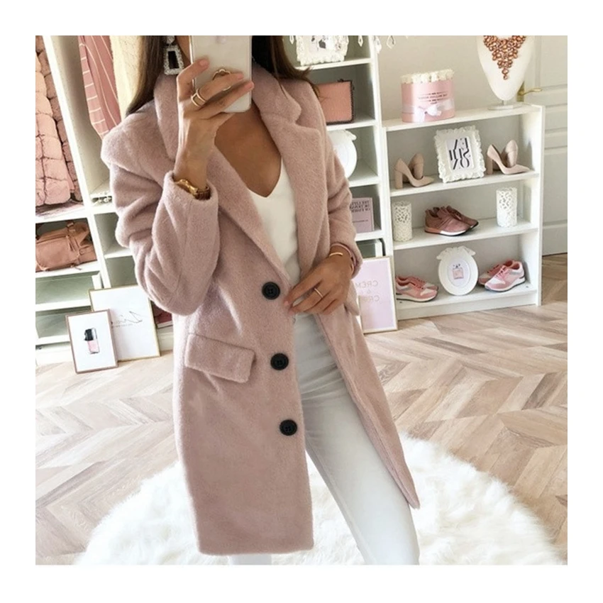 

Autumn Winter Women Solid Color Blazers And Coats Fashion Casual Mid Length Ladies Woolen Coat, Picture