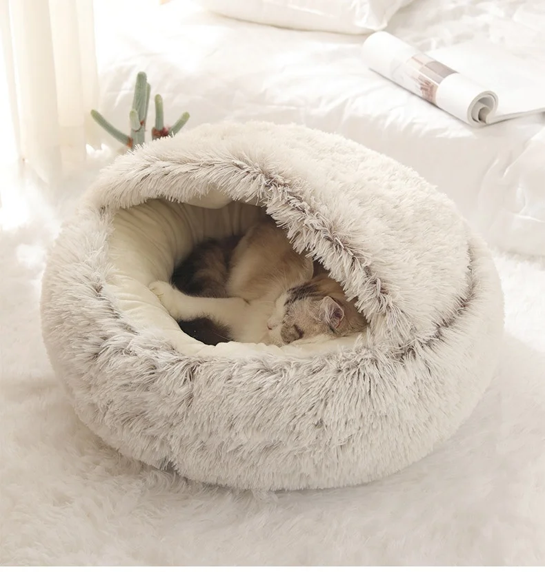 

New Style Pet Bed Round Plush Warm House Soft Long Plush Bed For Dogs Cats Nest 2 In 1 Cat Bed, Customized color