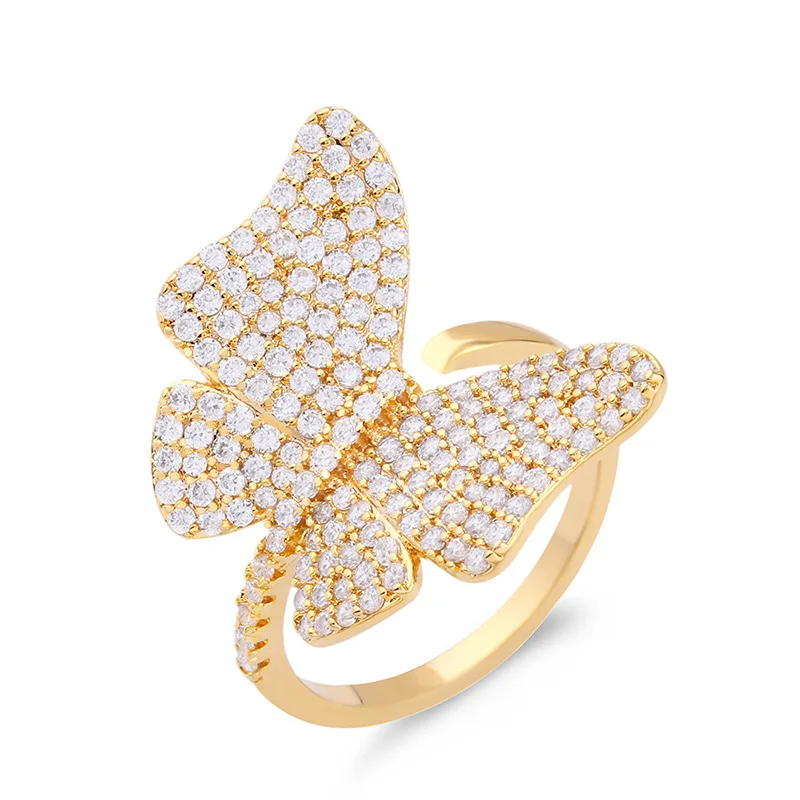 

Valentine's Day Luxury Jewelry Full Cubic Zirconia Butterfly Ring Adjustable Open Crystal Rhinestone Butterfly Ring For Wedding, Gold