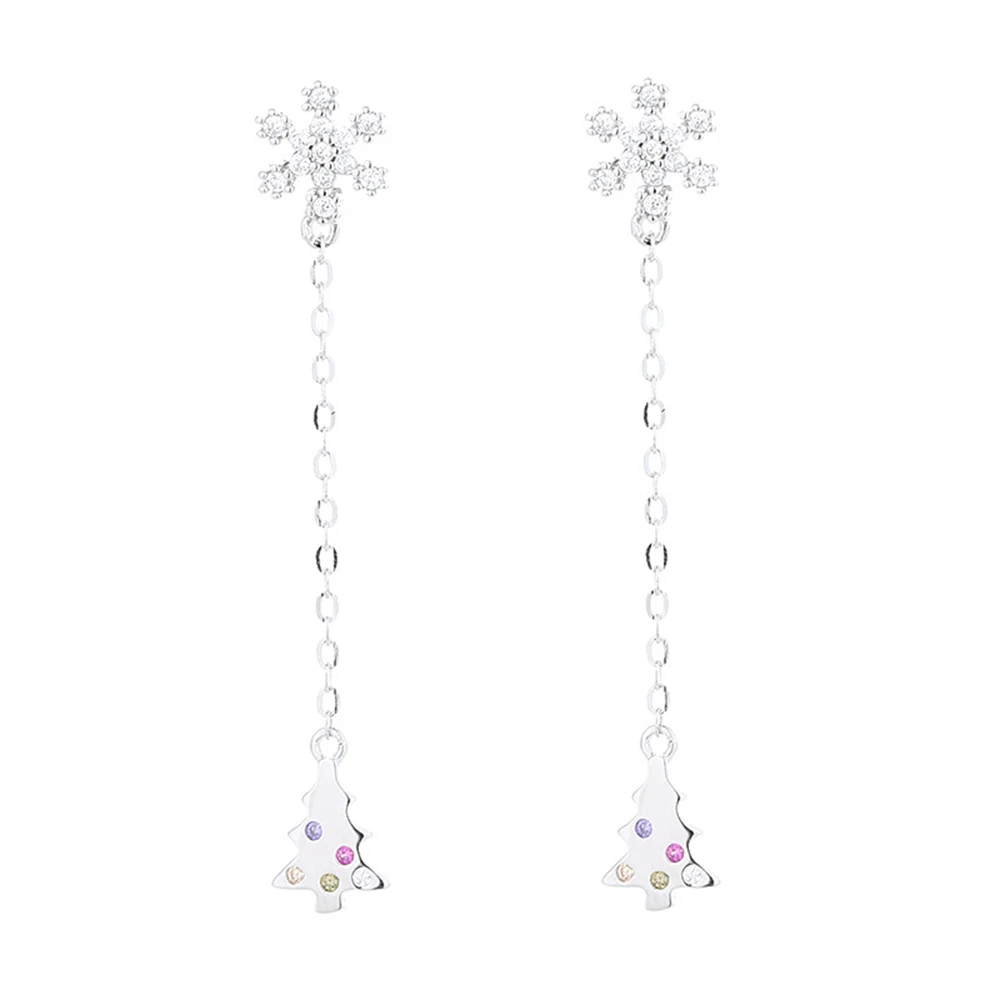 

925 Long Chain Women Christmas Tree Stud Sterling Silver Snowflake Earrings
