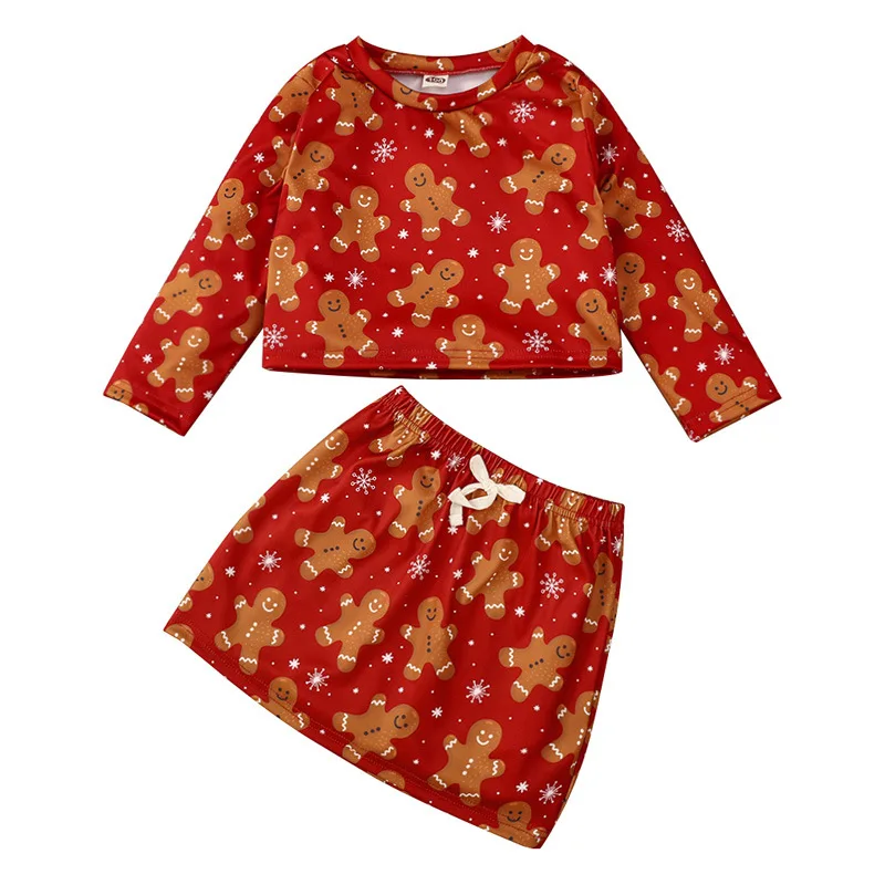 

Autumn Spring 2021 Long Sleeve Red Cartoon Printing Blouse Cute Bow Sweet Skirt Two Pieces Set Kids Christmas Clothing, Picture shows