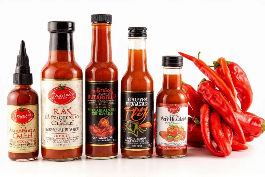 Calabrian chili paste substitutes comparison showing bottles of harissa, arrabbiata sauce, and chipotle in adobo next to fresh Calabrian chilies