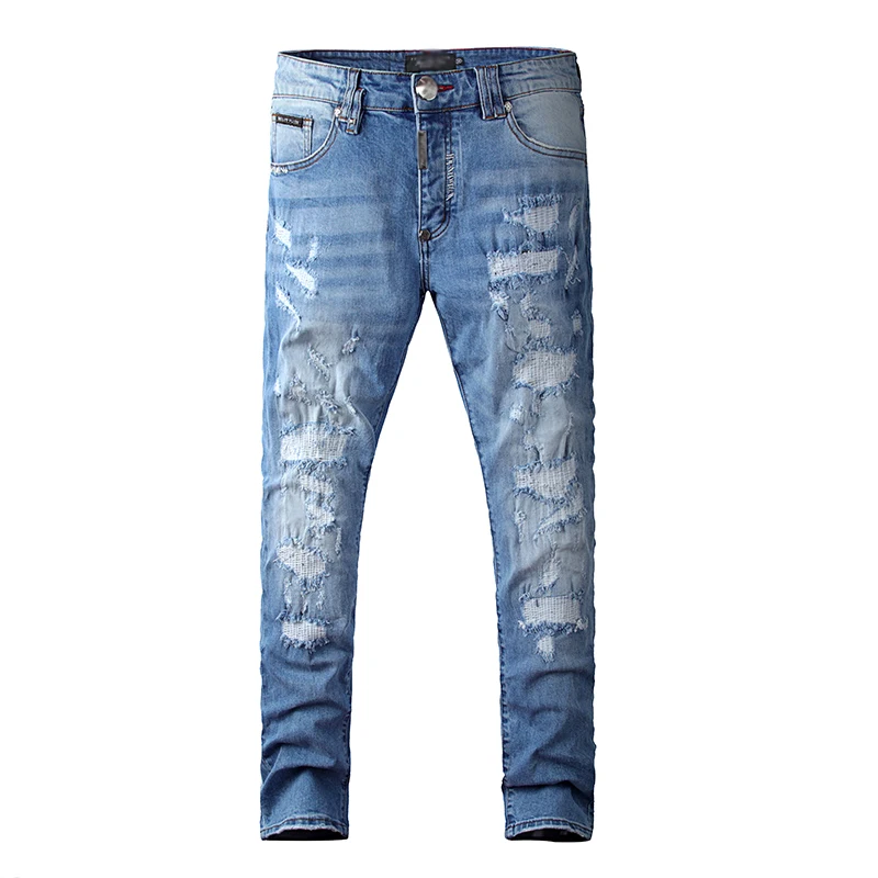 

A new pair of men's blue light-colored ripped print jeans, Light blue