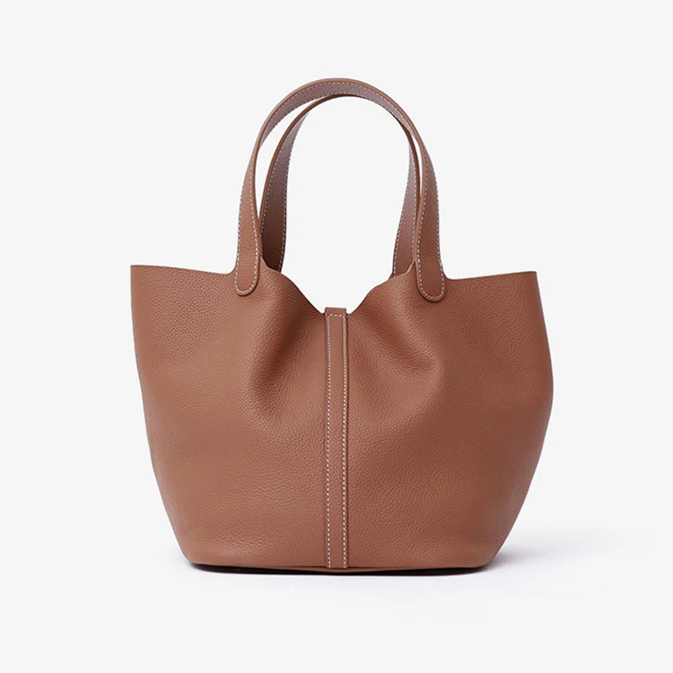 

2021 New Design Fall Real Cow Leather Soft Hand-held Bucket Solid Color Basket Handbags, Caramel color