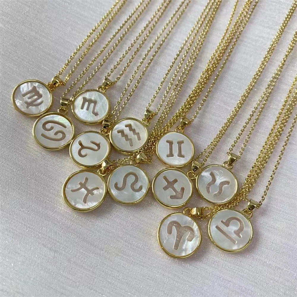 

Round Shape Gold Chain 12 Zodiac Signs Hollow Shell Pendant Necklace Jewelry