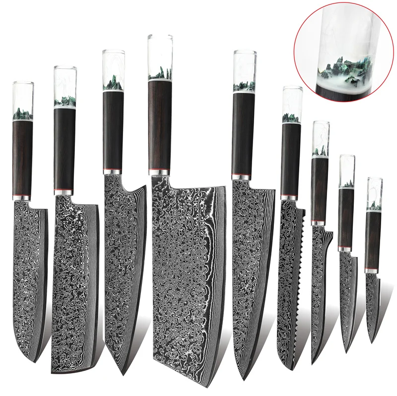 

Damascus 8 inch factory low moq handmade green mountain landscape handle sushi cutting very sharp commercial kitchen knives, Silver