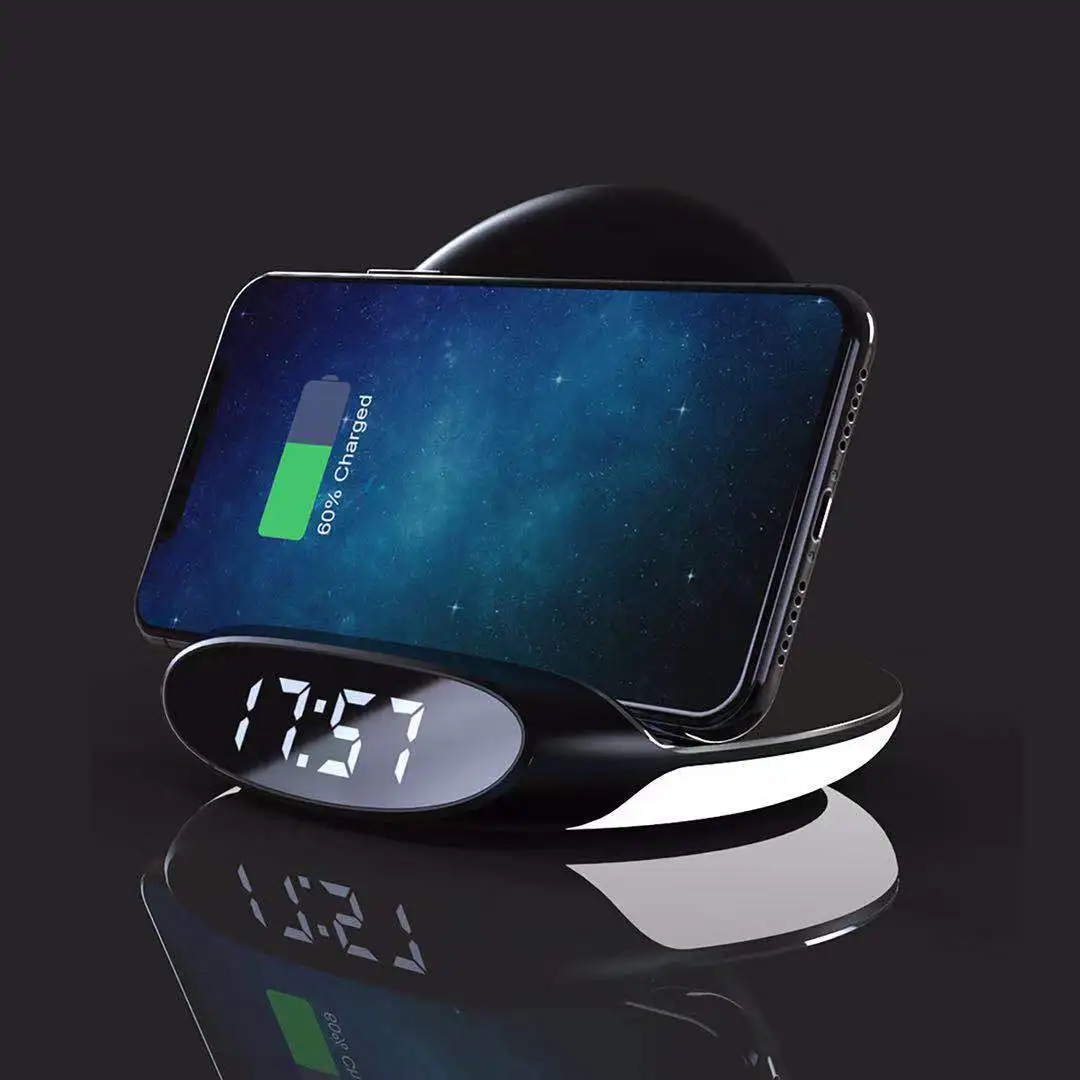 Foldable 10w 7.5w Led Alarm Clock Wireless Charger With Usb Port Phone