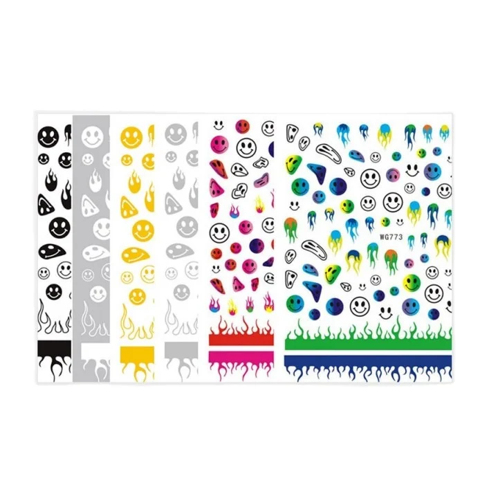 

WG346-360 Latest 2021!! 3D Flame Colorful Self-adhesive High Quality Cartoon Smiling Nail Art Decal