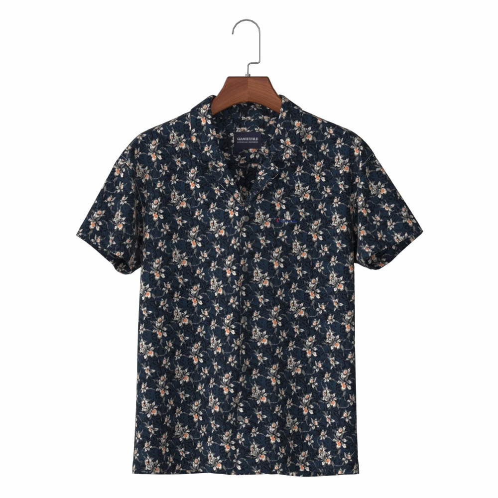 

High quality Pure Cotton Navy Print Shirt Digital Floral Print Hawaii Collar Beach Aloha Camicie da uomo