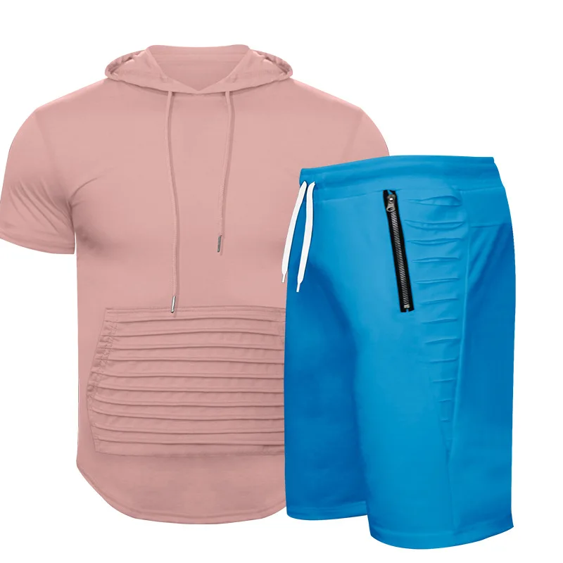 

Summer plain hooded t shirt and drawstring short joggers suits set two piece men short set, 10colors