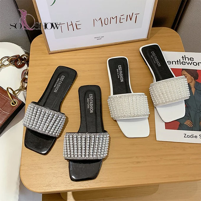 

Fashion womens pu sandals with rhinestone wholesale summer slippers 2020