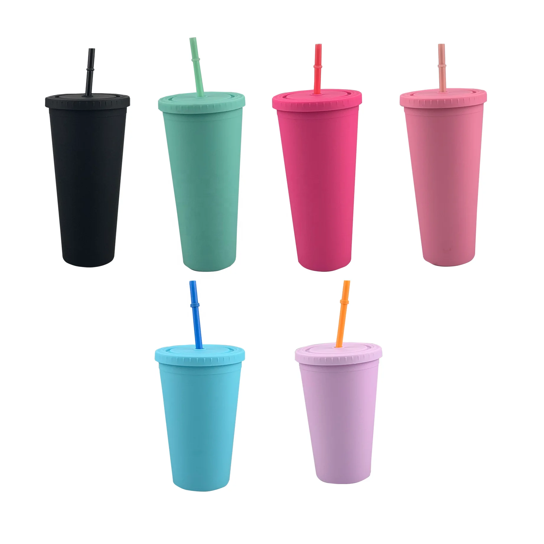 

Wholesale 16oz 24oz Flat Lid Macarons Colored Double Walled Acrylic Rubber Coating Plastic Matte Skinny Tumbler with Straw