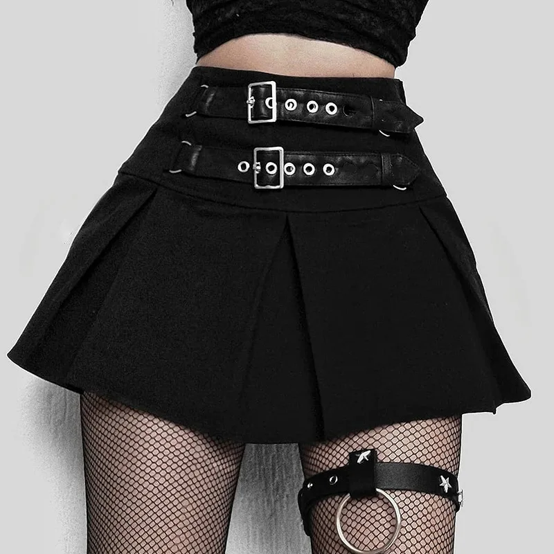 

B53889A Street fashion young lady sexy leather buckle pleated mini skirt