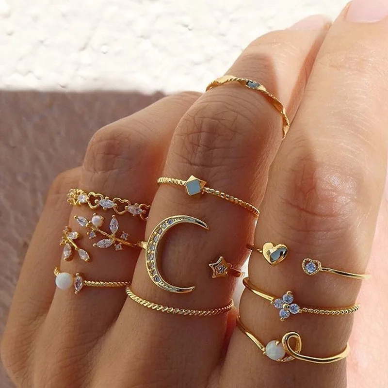 

10 Pcs/set dainty sun moon non tarnish opal finger rings jewelry women wedding gold thin rings set, Gold plated