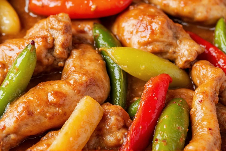 Close-up of finished chicken pepper dish with glossy sauce coating tender chicken and colorful peppers