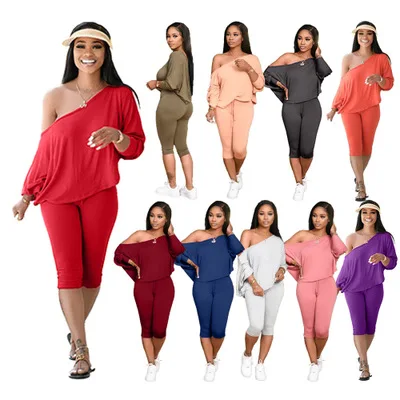 

Women Sexy Slash Neck Loose Top and Shorts Plus Size Long Sleeve 2 Piece Outfits Casual Solid Drawstring Two Piece Set Coldker, Picture