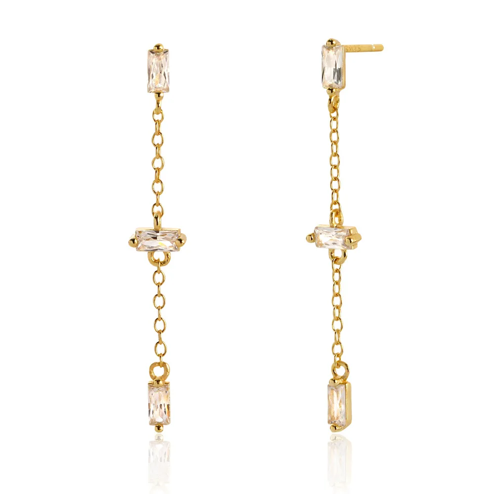 Europe and America Fashion 925 Sterling Silver square Zircon Long Chain Tassel Earrings Women Gold Plated Stud Earrings