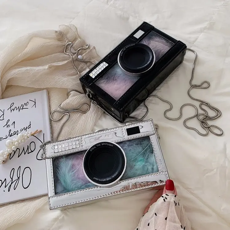 

New Camera Shape Design Transparent Colored Feathers PU Ladies Chain Purse Crossbody Shoulder Bag Handbag