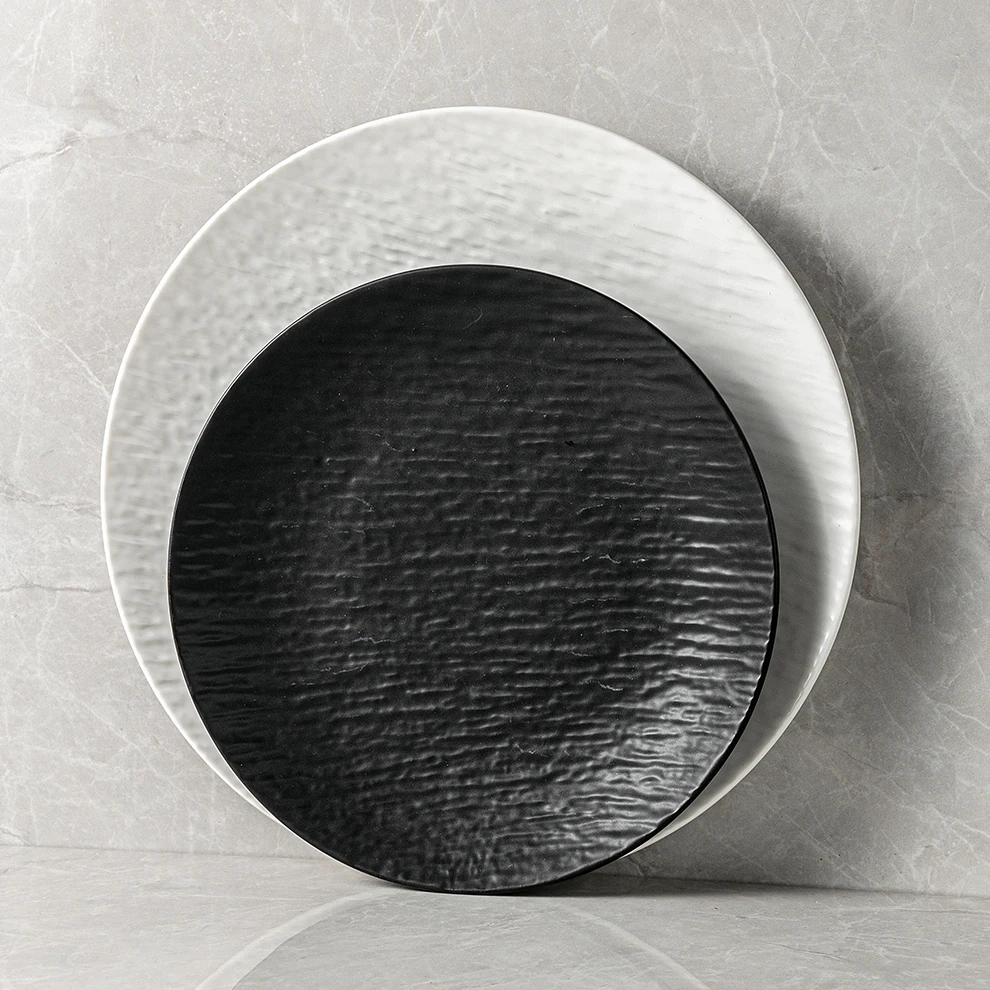 

Guangzhou Wholesale German Ceramic Rock Design Japanese Stone Dishes15cm 20cm 23cm 25cm 30cm Hotel Porcelain Matte Black Plate, White,black